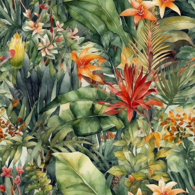 Une aquarelle de plantes et de fleurs tropicales.