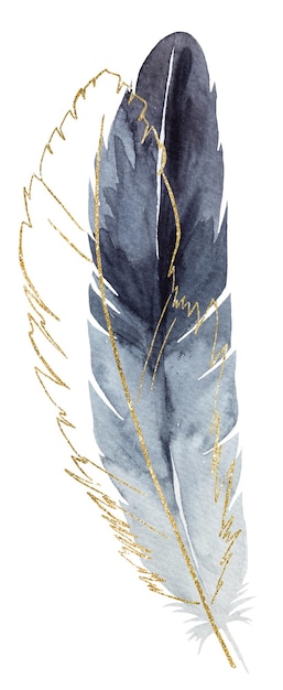 Aquarelle plumes grises et dorées paillettes décrit illustration d'élément bohème isolé