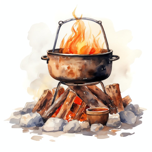 aquarelle poêle de cuisson de feu de camp ouest sauvage ouest cow-boy désert illustration clipart