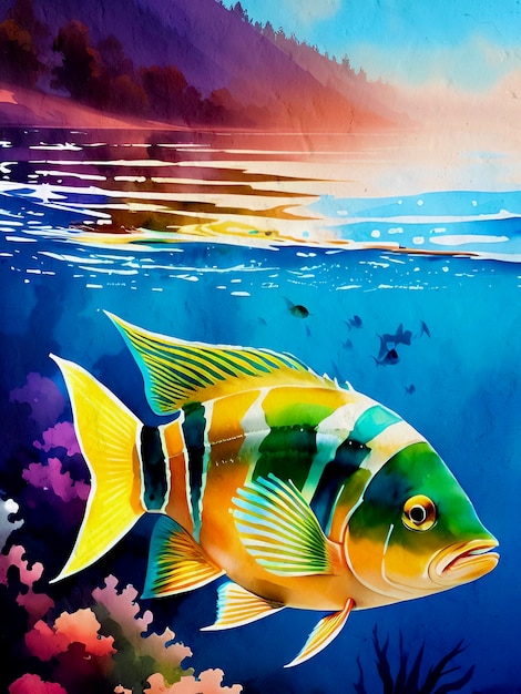 Aquarelle Poisson Peinture Artistique Fond Reproduction Lac Mer et Océan