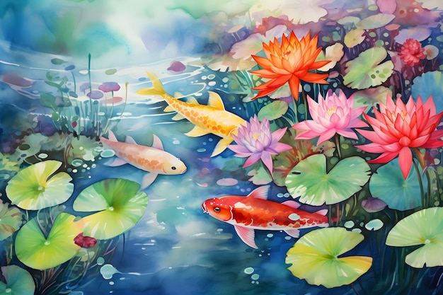 Aquarelle poissons koi nageant parmi les fleurs de lotus et les coussinets sous l'eau peinture de fond art