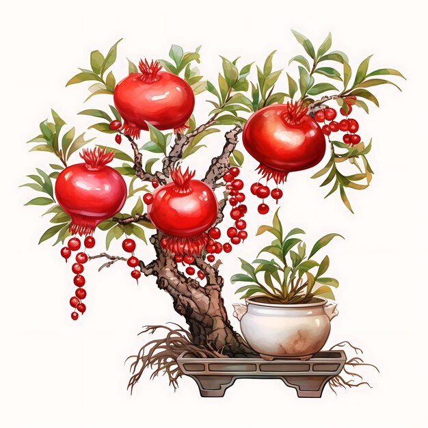 Photo aquarelle pomme de grenade bonsai arbre pot d'argile feuilles allongées t-shirt clipart méditerranéen isolé