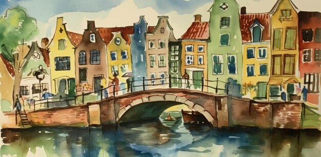 Photo une aquarelle d'un pont à amsterdam