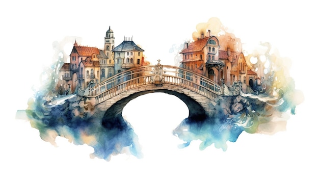 Une aquarelle d'un pont au-dessus d'une rivière Image AI générative