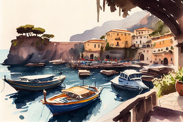 une aquarelle d'un port avec des bateaux dans l'eau à Sorrento Itally