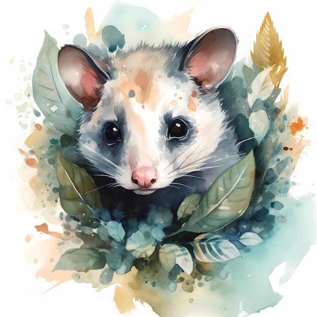 Une aquarelle de Possum avec des feuilles vertes