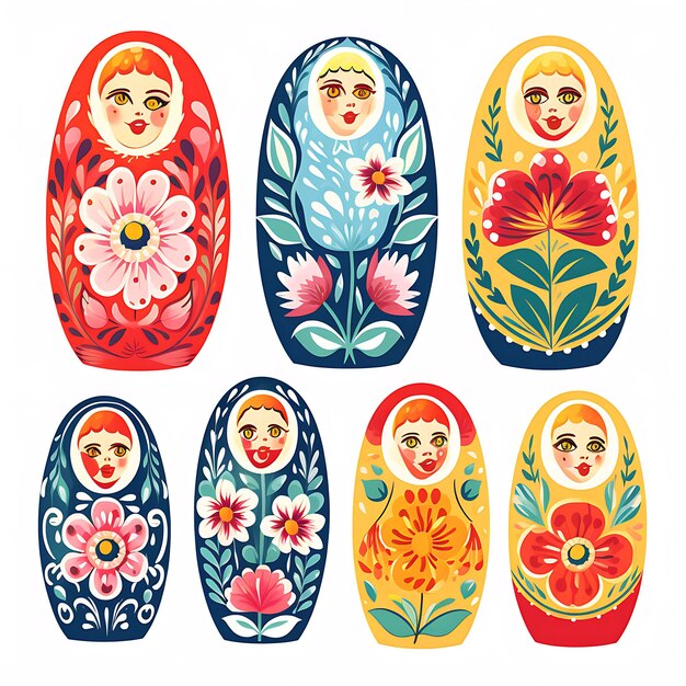 Aquarelle de poupées de nidification russes matriochka couleurs vives rond en bois sur blanc BG encre Clipart