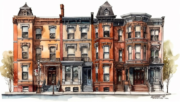 Une aquarelle d'une rangée de bâtiments avec un qui dit philadelphie dessus.