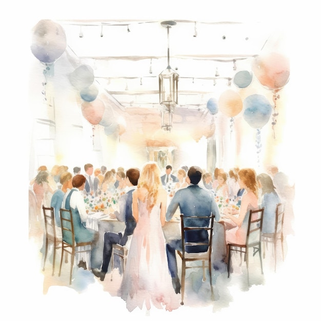 Aquarelle d'une réception de mariage avec des invités