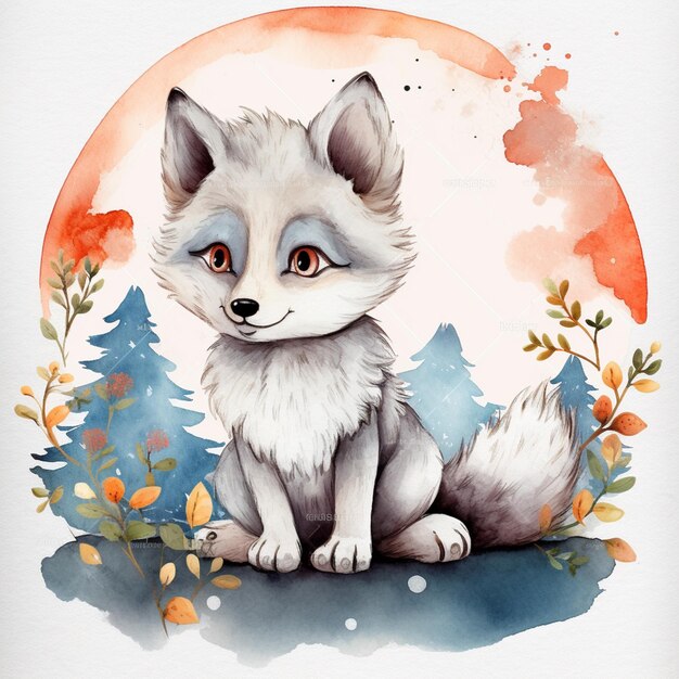 Une aquarelle d'un renard avec un fond rouge et les mots arctic fox dessus.