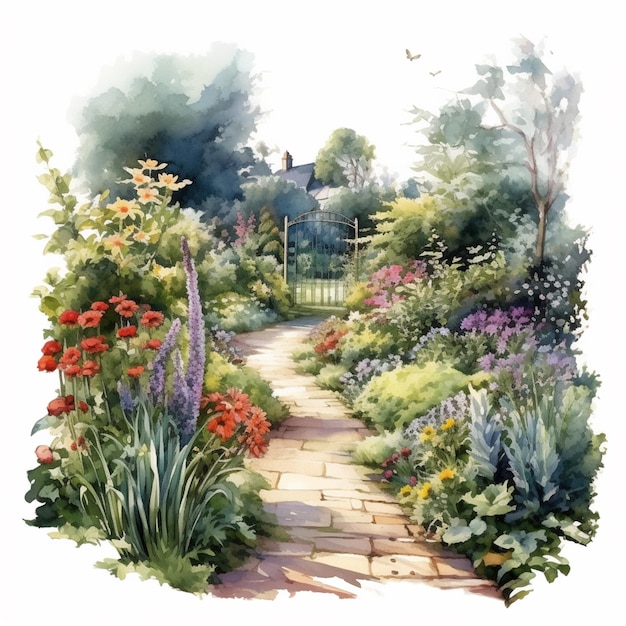 Une aquarelle représentant une allée de jardin avec un jardin en arrière-plan.