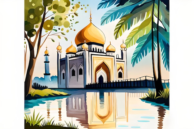 Une aquarelle représentant une belle mosquée