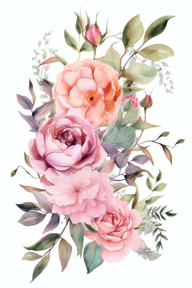Une aquarelle représentant un bouquet de fleurs.