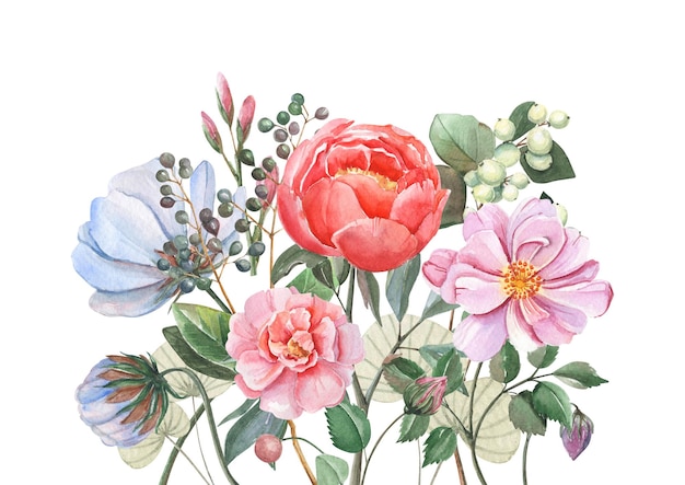 Une aquarelle représentant un bouquet de fleurs.