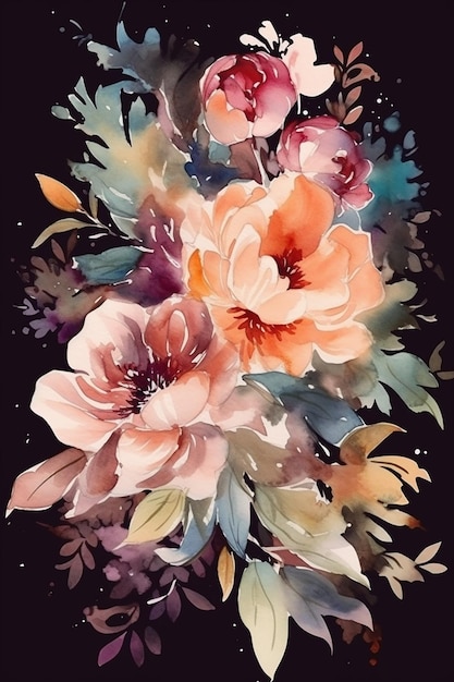 Une aquarelle représentant un bouquet de fleurs.