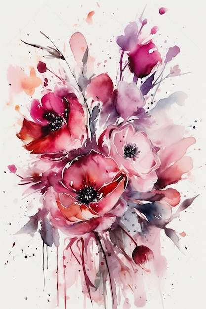 Une aquarelle représentant un bouquet de fleurs.