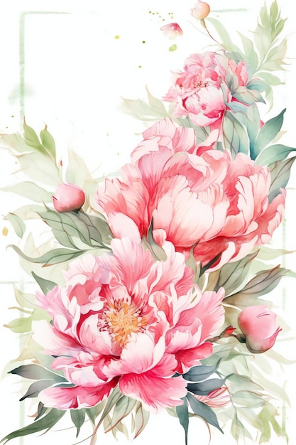 Une aquarelle représentant un bouquet de pivoines.