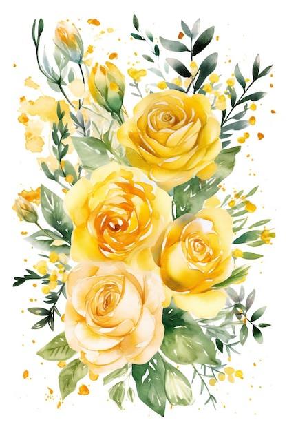 Une aquarelle représentant un bouquet de roses jaunes.