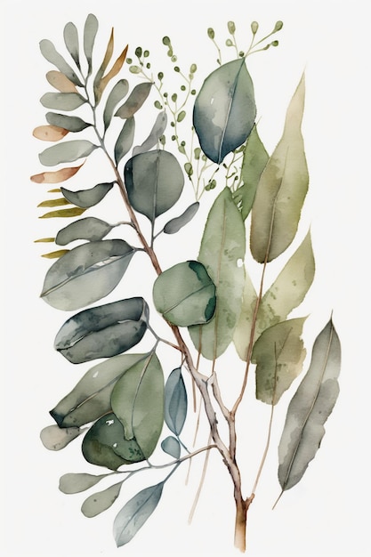 Une aquarelle représentant une branche d'eucalyptus.