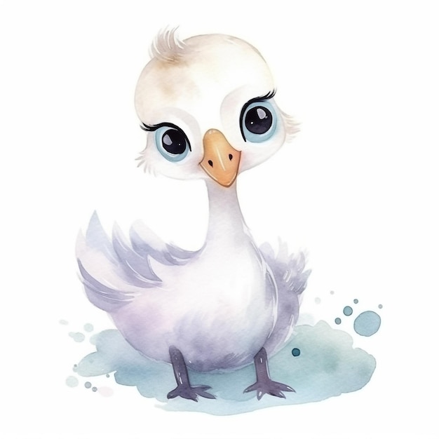 Une aquarelle représentant un canard blanc aux yeux bleus.