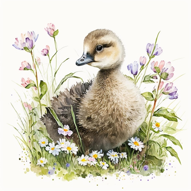 Une aquarelle représentant un canard dans un champ de fleurs.