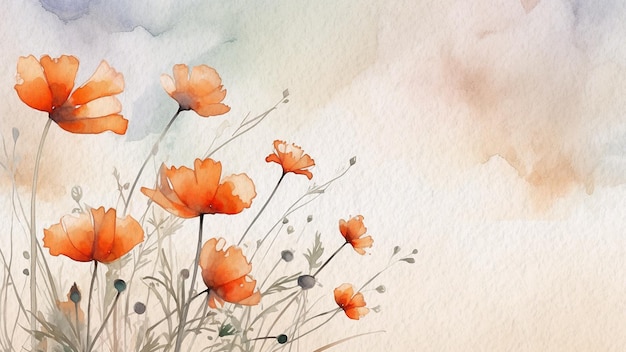 Une aquarelle représentant un champ de fleurs avec un ciel bleu en arrière-plan.