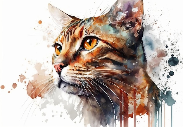 Une aquarelle représentant un chat aux yeux orange.