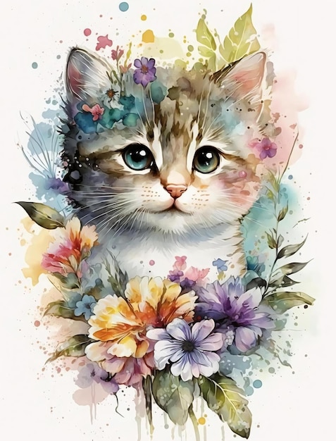 Une aquarelle représentant un chat avec des fleurs.