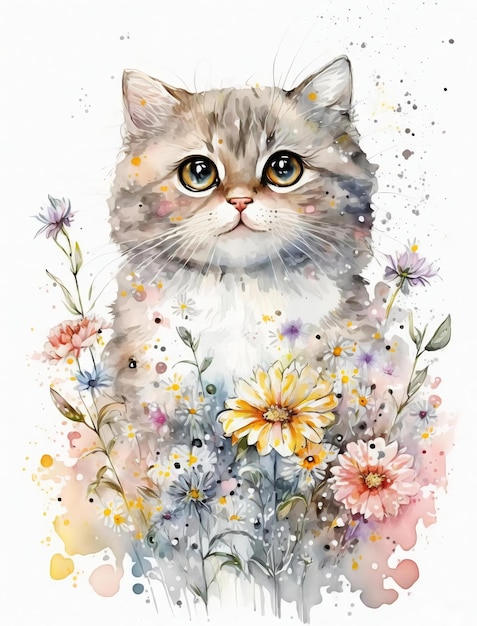 Une aquarelle représentant un chat en fleurs