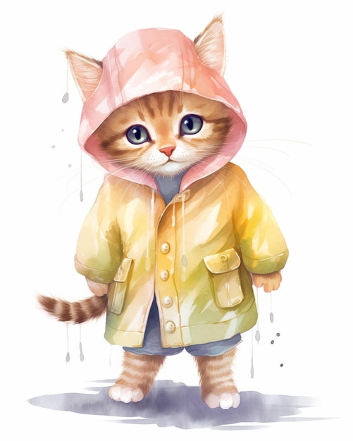 Une aquarelle représentant un chat portant un imperméable.