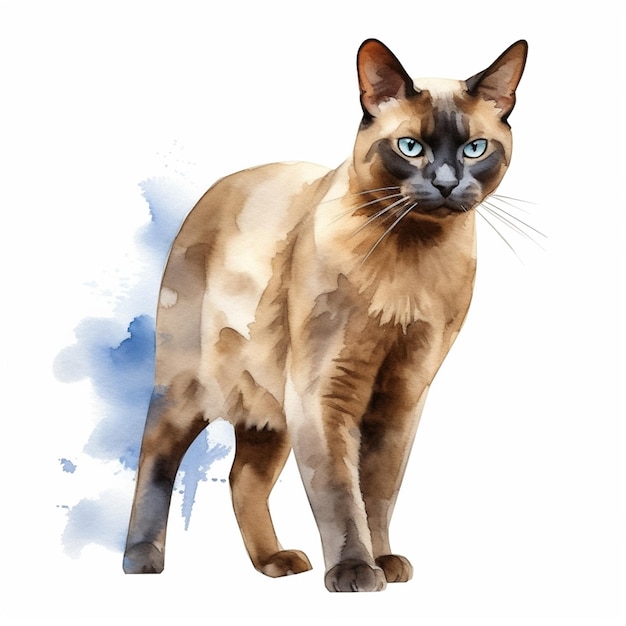 Une aquarelle représentant un chat siamois.