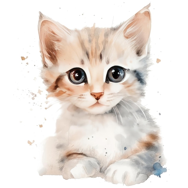 Une aquarelle représentant un chaton aux yeux bleus.