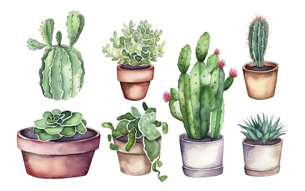 Une aquarelle représentant une collection de cactus.