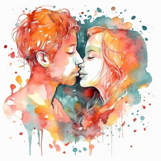 Une aquarelle représentant un couple qui s'embrasse.