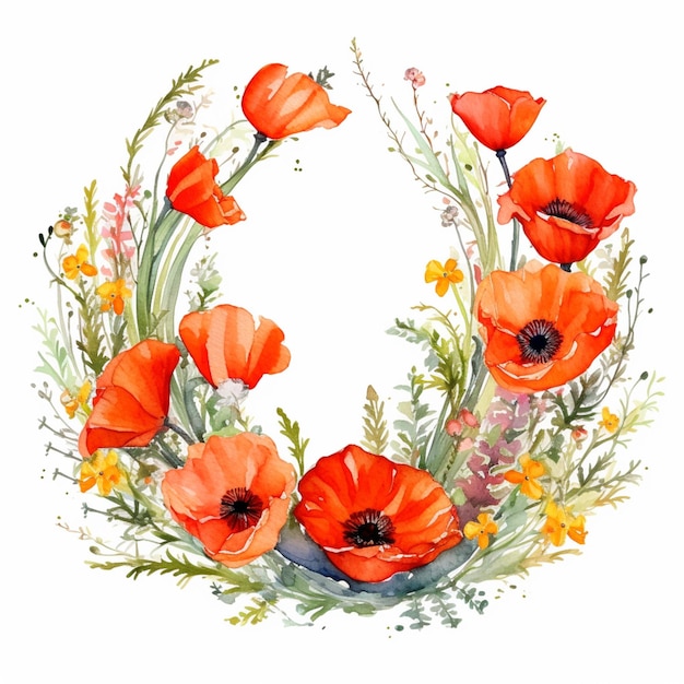 Une aquarelle représentant une couronne de coquelicots rouges.