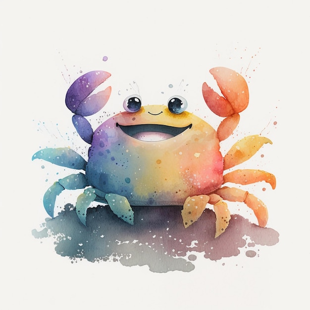 Une aquarelle représentant un crabe au visage souriant.