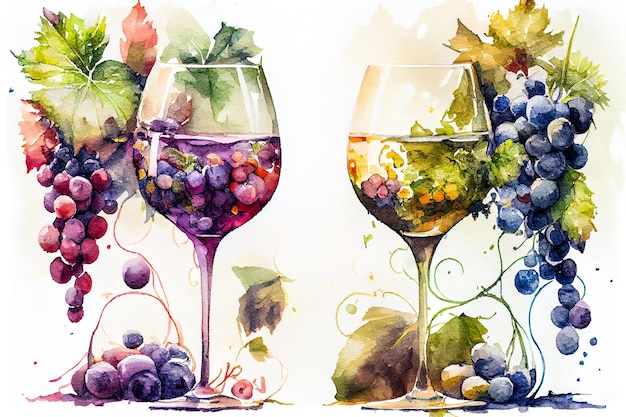 Une aquarelle représentant deux verres à vin contenant des raisins.