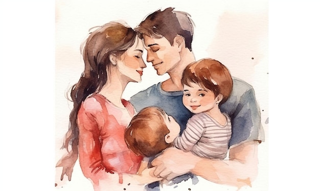 Une aquarelle représentant une famille avec un enfant