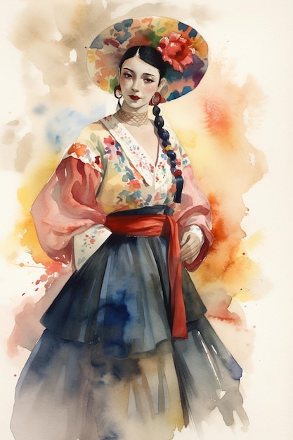 Une aquarelle représentant une femme en tenue traditionnelle.