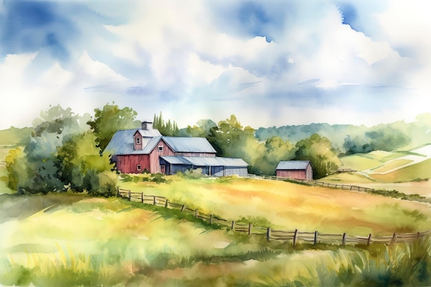 Une aquarelle représentant une ferme à la campagne