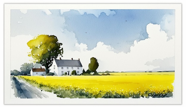 Une aquarelle représentant une ferme et une maison au loin.