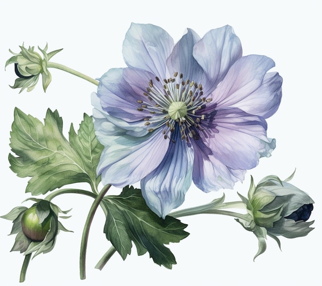 Une aquarelle représentant une fleur bleue avec une feuille verte.