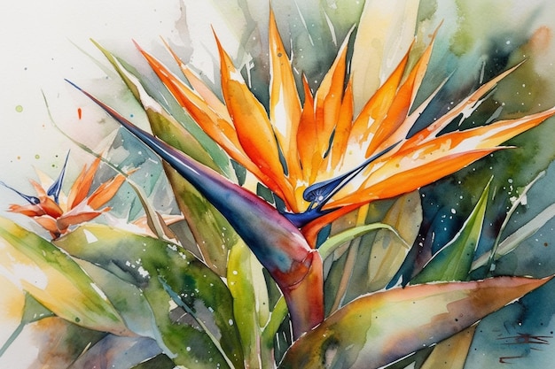 Une aquarelle représentant une fleur d'oiseau de paradis.