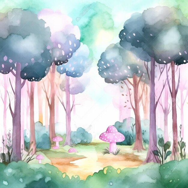 Une aquarelle représentant une forêt avec un champignon au sol.