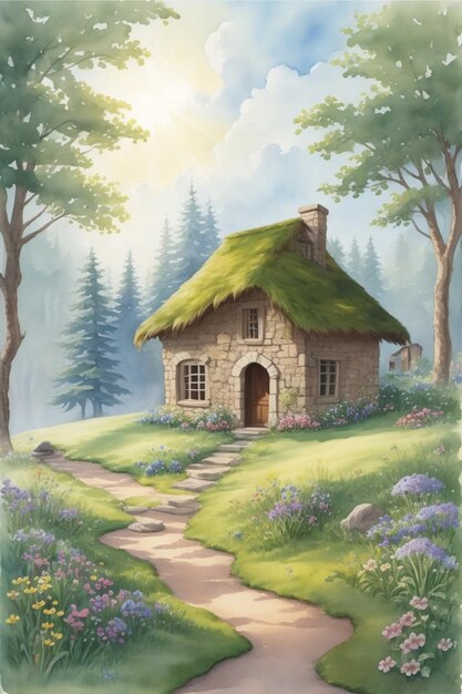 Aquarelle représentant une forêt enchantée avec une petite maison en pierre