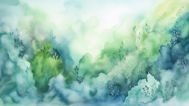 Une aquarelle représentant une forêt avec des plantes vertes et un ciel bleu.