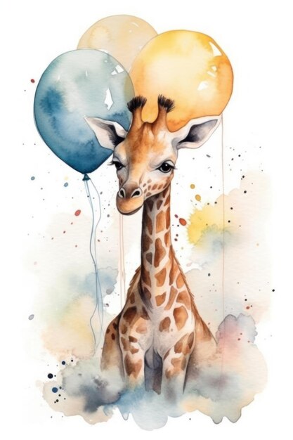 Une aquarelle représentant une girafe et un ballon.