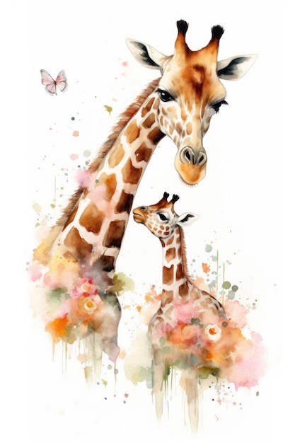 Une aquarelle représentant une girafe et un papillon