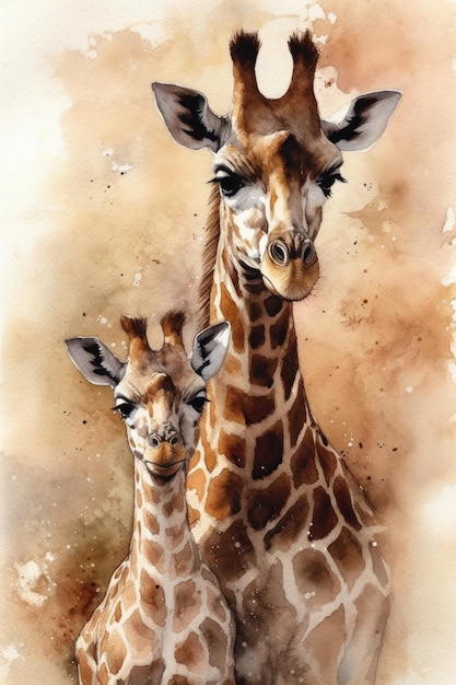 Une aquarelle représentant une girafe et son bébé