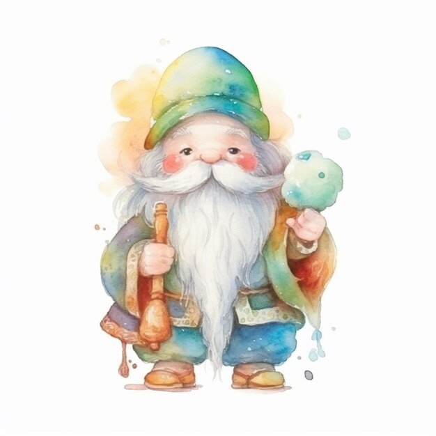 Une aquarelle représentant un gnome tenant une glace.